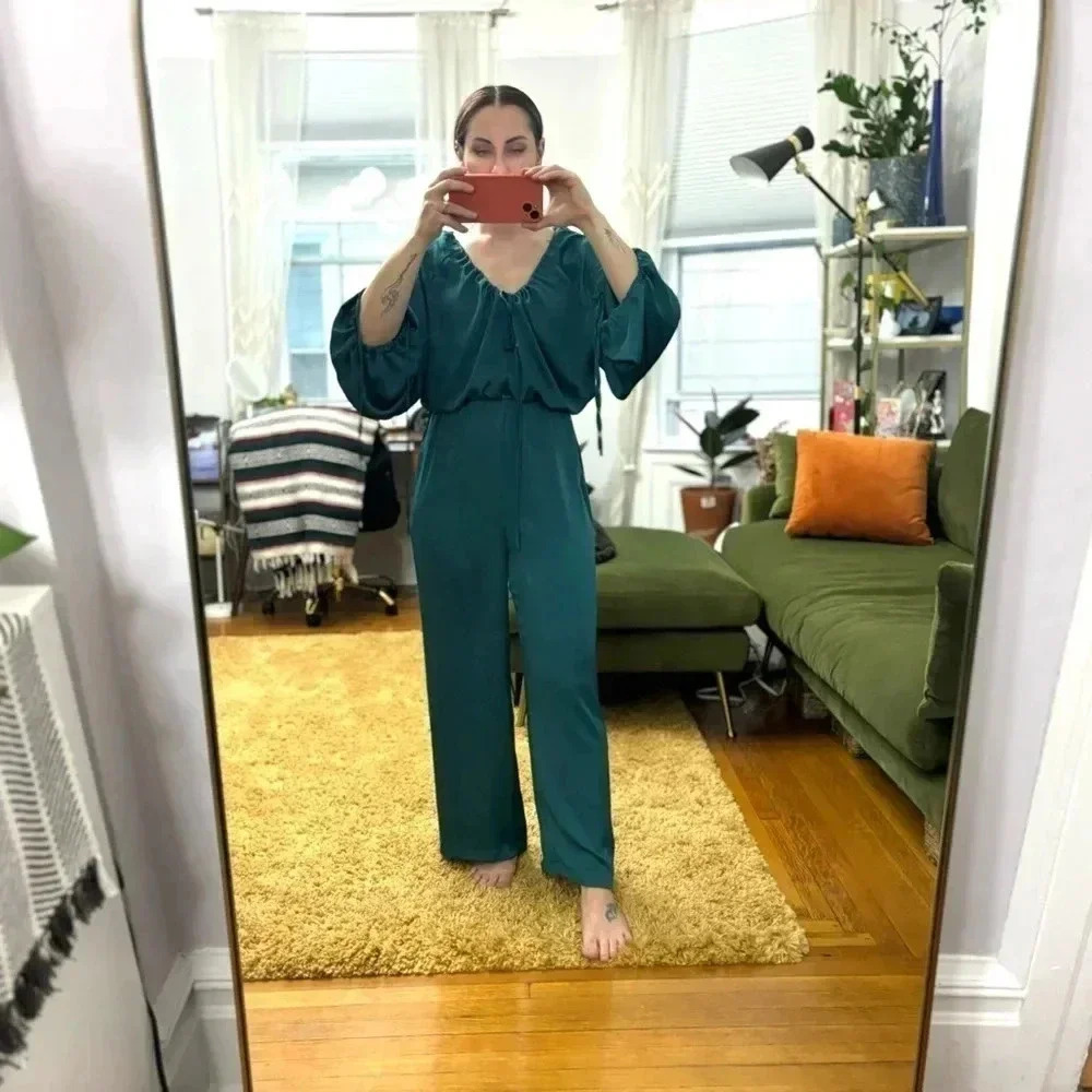 NWOT Dark Green / Turquoise Satin Effect Zara Jumpsuit - Picture 5 of 9